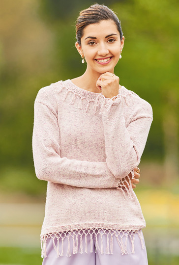 Fliederfarbener Langarm-Strickpulli mit Fransen