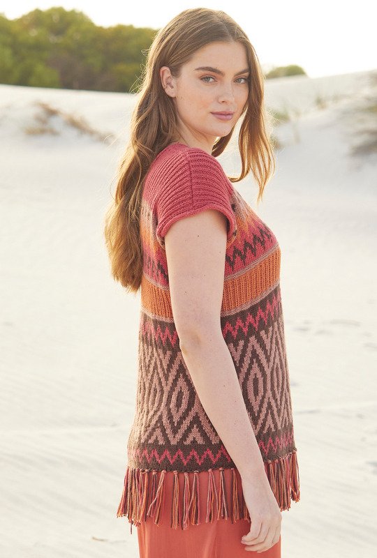 Tunika mit Jacquardmuster und Fransen in Rot, Braun, Rosa und Orange - Bild 5