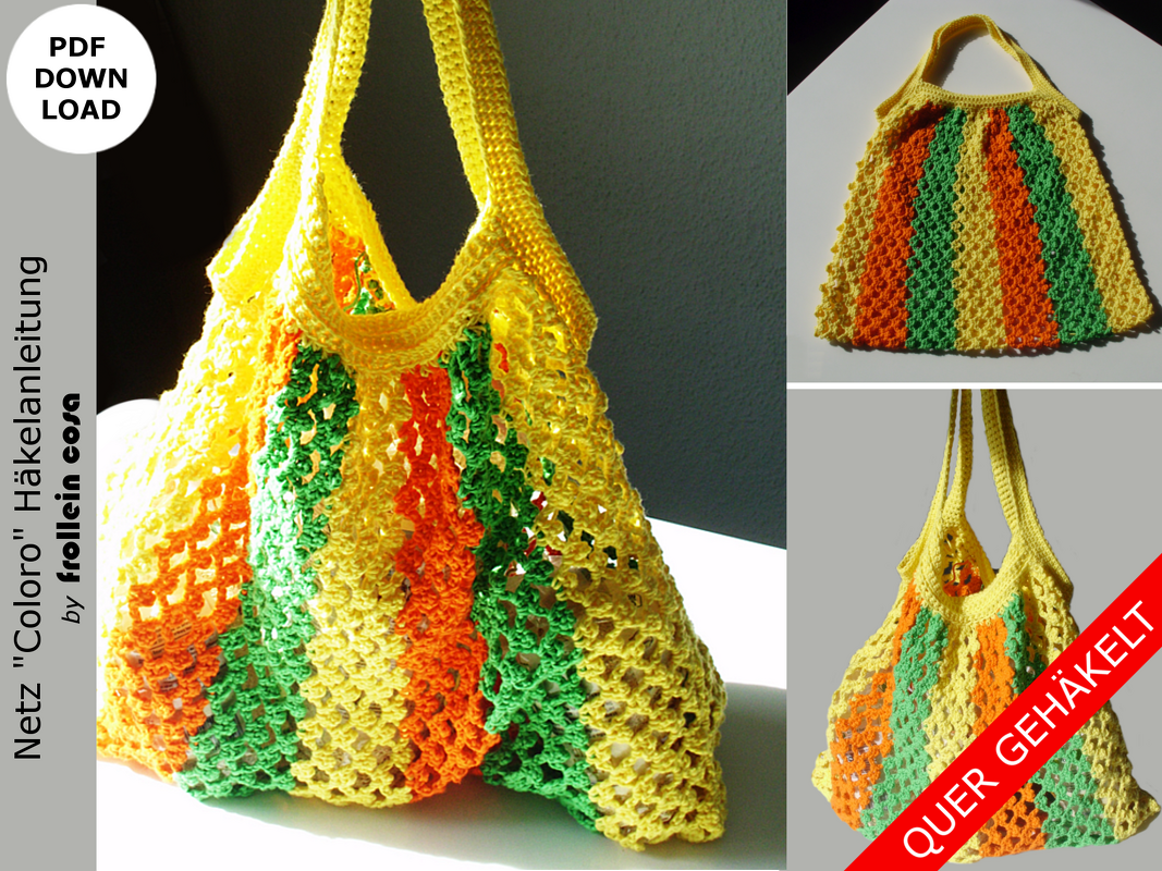 Gehäkelte Netztasche in Gelb, Orange und Grün mit Henkeln