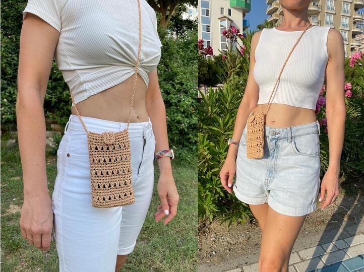 Crochet raffia crossbody bag pattern, mobile phone sleeve, straw pouch bag8