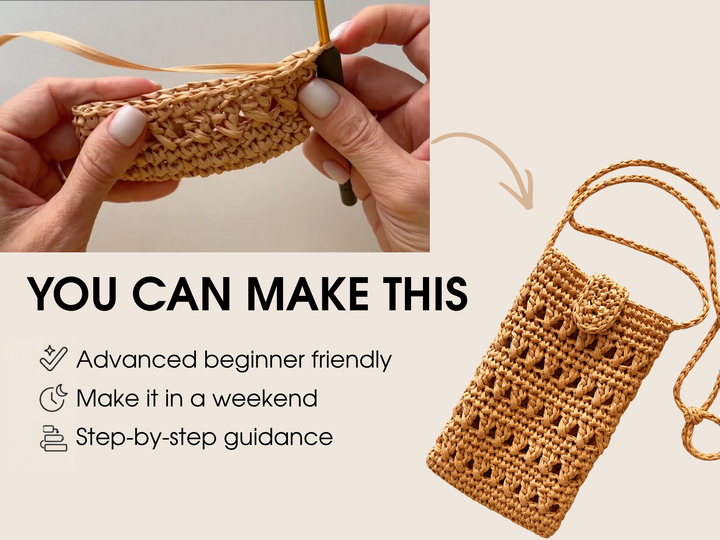 Crochet raffia crossbody phone bag pattern, mobile sleeve