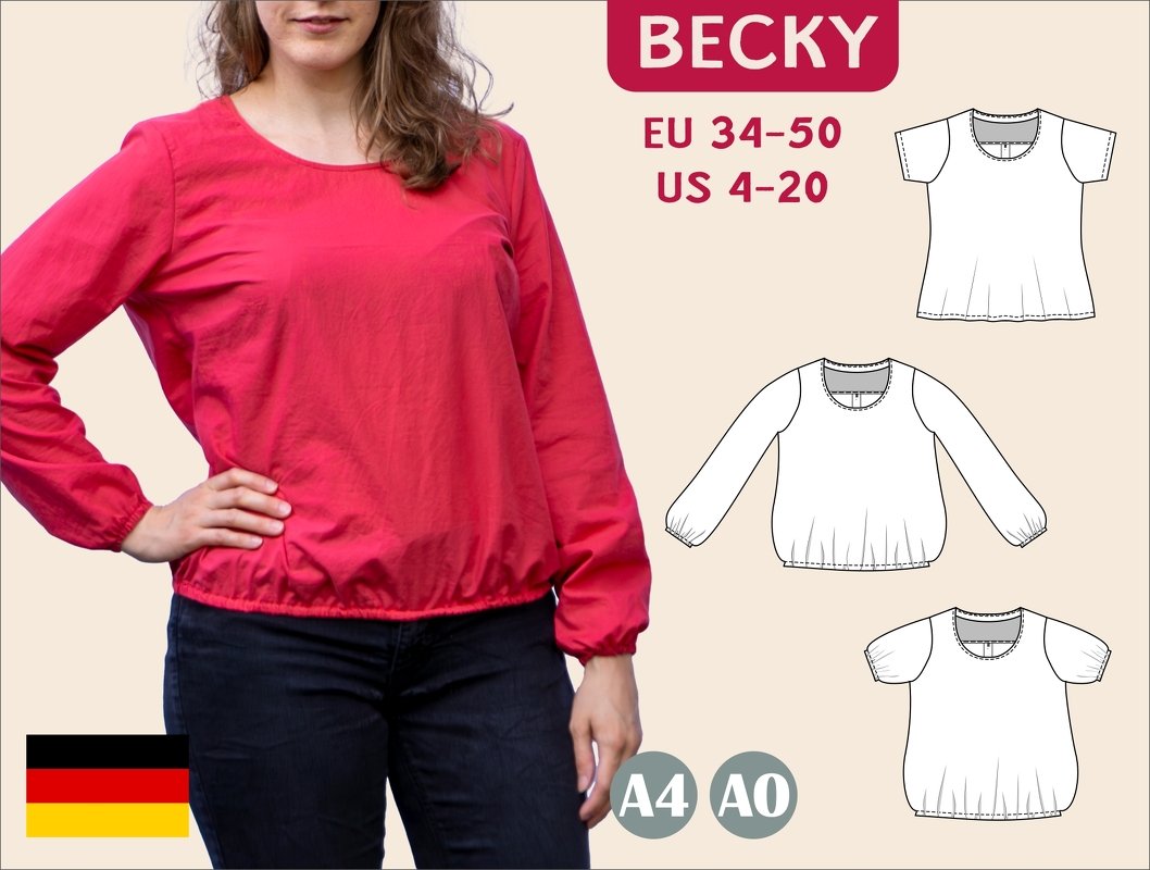 Becky – Lässige Damenbluse mit Kellerfalte &amp; Gummibund (BU 80-116) A4+A0
