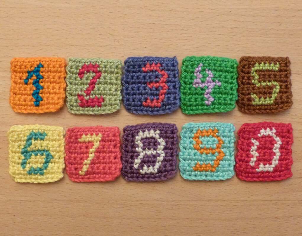 Häkelanleitung für eingehäkelte Zahlen, 0-9, Zählmuster