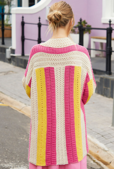 Weiter Cardigan mit farbigen Musterstreifen in Natur, Pink und Gelb