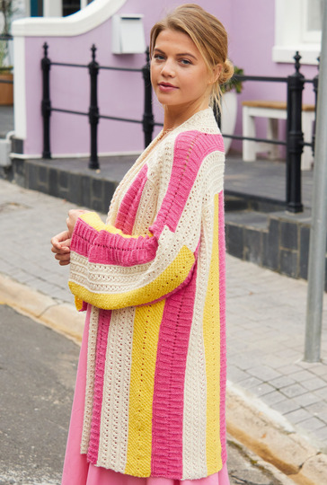 Weiter Cardigan mit farbigen Musterstreifen in Natur, Pink und Gelb