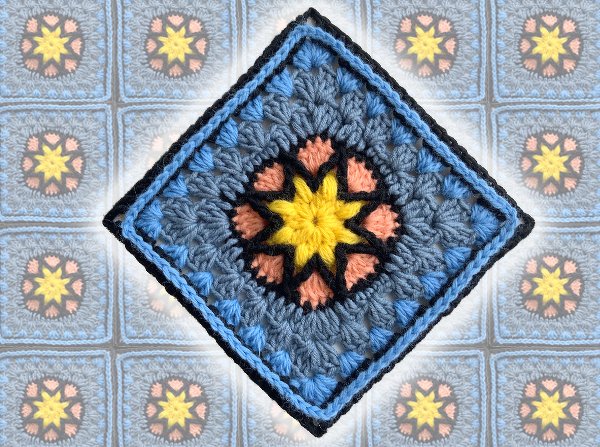 Handgehäkeltes Granny-Square in Gelb, Pfirsich, Blau und Schwarz mit sternförmigem Zentrum.