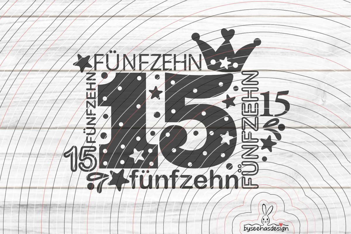 Schwarze Plottgrafik mit großer Zahl 15, Krone, Sternen und Punkten