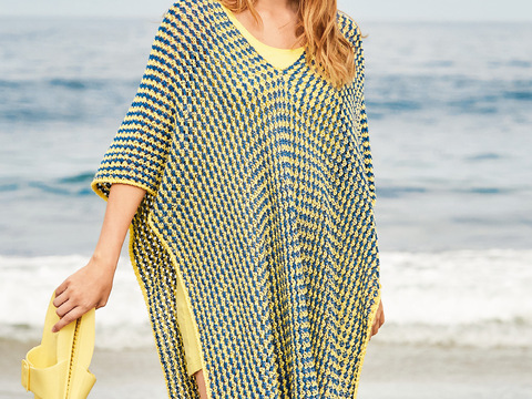 Poncho mit zweifarbigem Lochmuster in Gelb und Blau