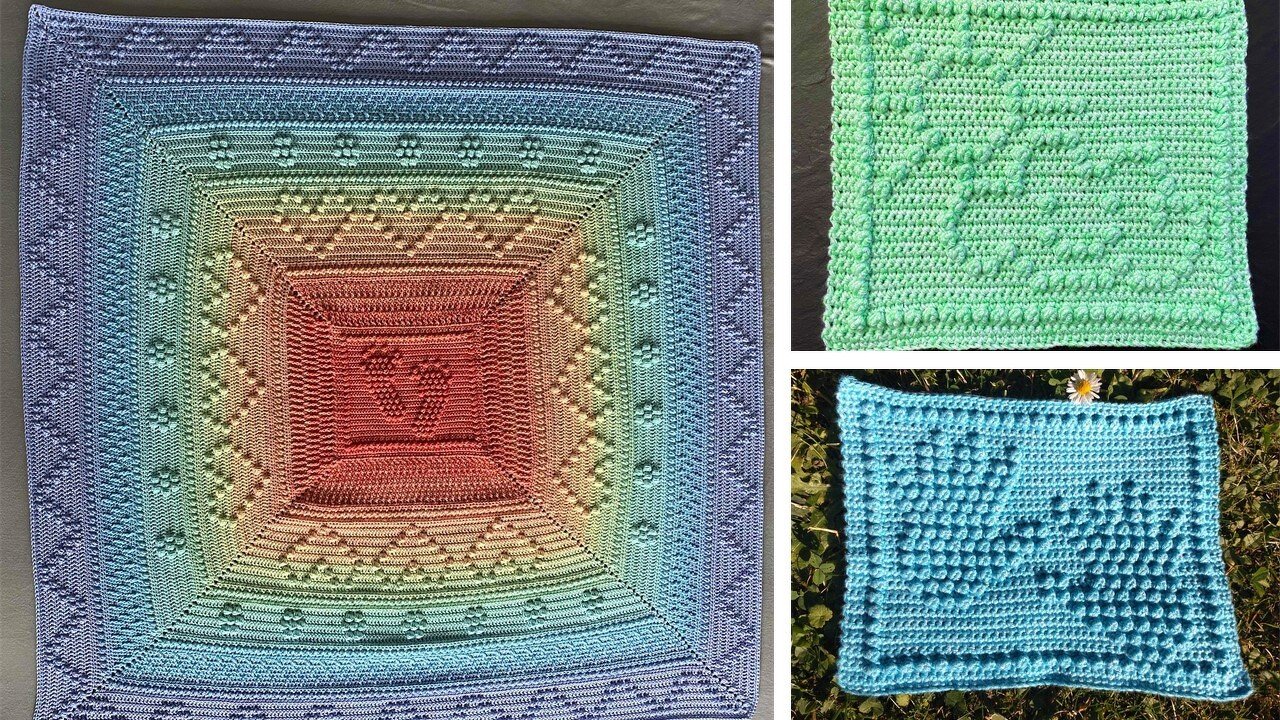 Quadratische gehäkelte Babydecke mit zentralen Fußabdrücken, Herz- und Noppenbordüre im Farbverlauf