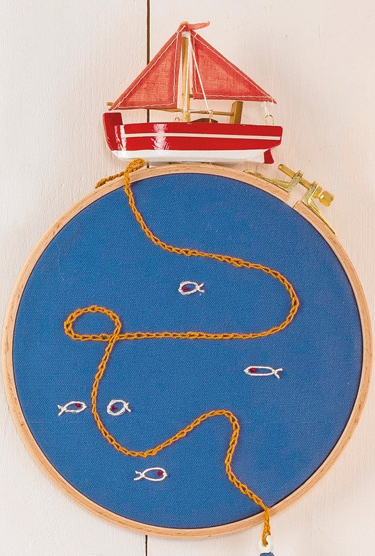 Stickbilder und Matchsack mit Meeresmotiven und Reiseerinnerungen