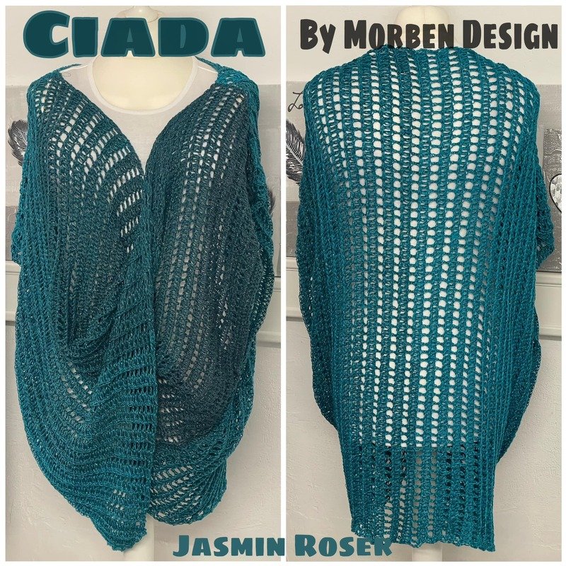 Teal openwork crochet poncho shrug shown front and back on a mannequin.