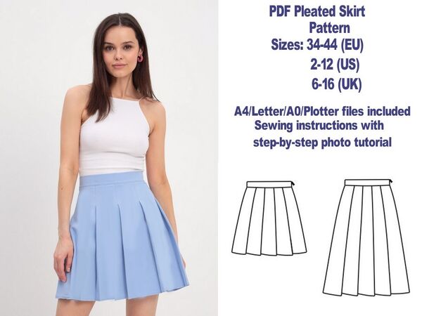 Pleated Skirt Pattern PDF Skirt Pattern Mini Skirt Pattern Sewing Patterns