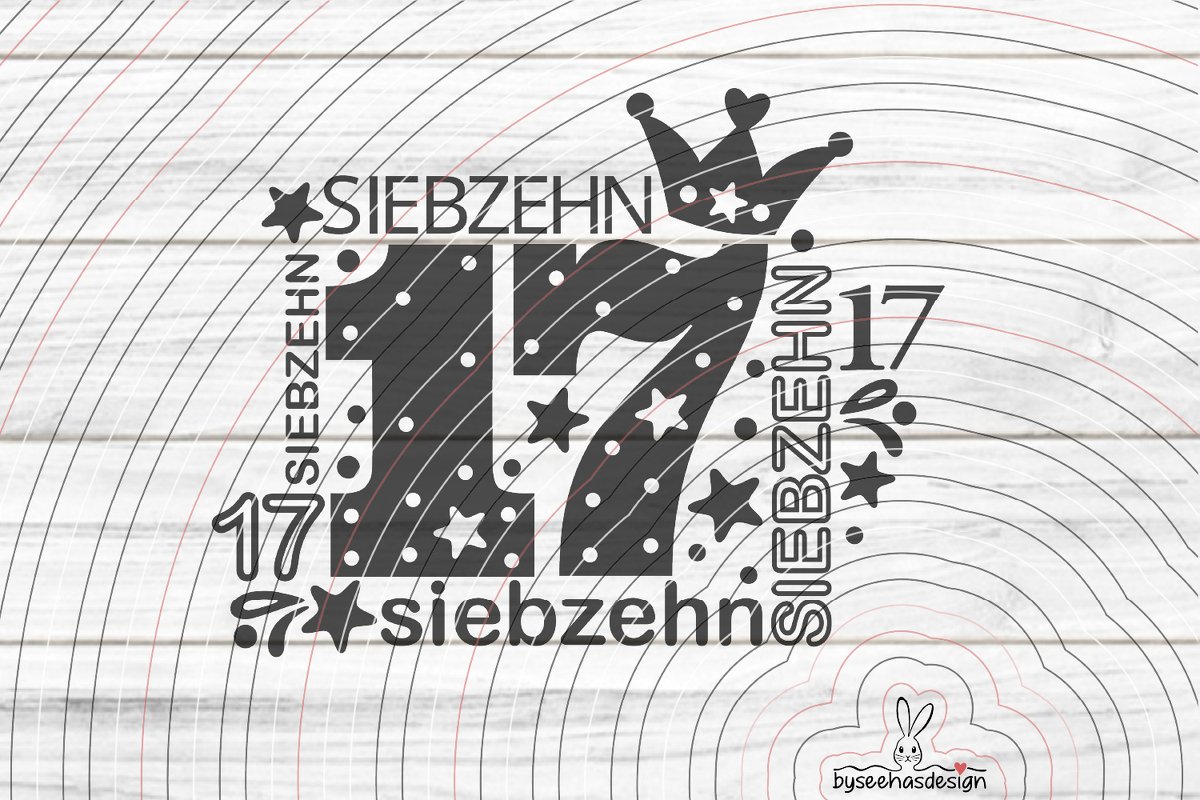 Schwarzes einfarbiges Plottdesign mit großer Zahl 17, Punkten, Sternen und Krone auf hellem Holz-Hintergrund