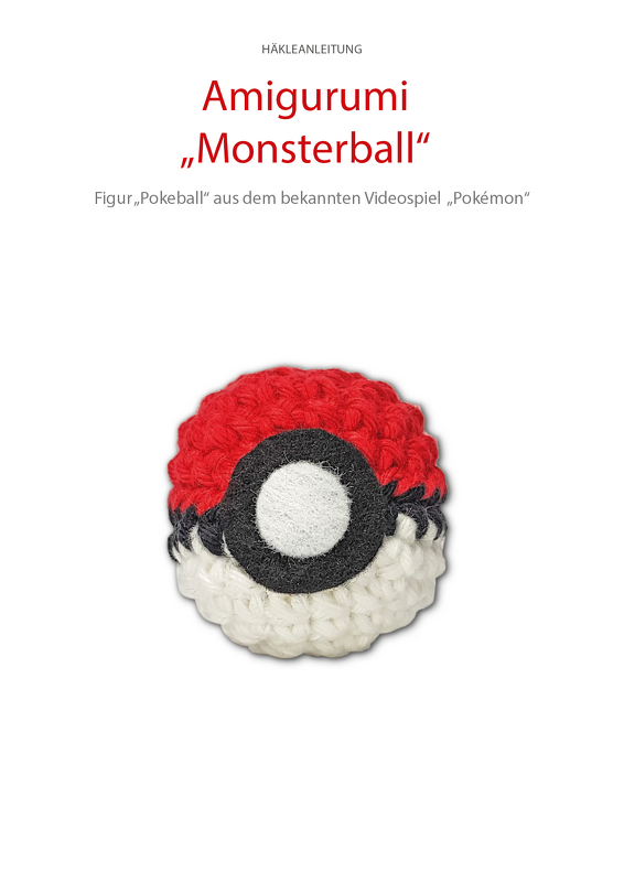 Gehäkelter Amigurumi Ball in Rot, Weiß und Schwarz vor weißem Hintergrund.