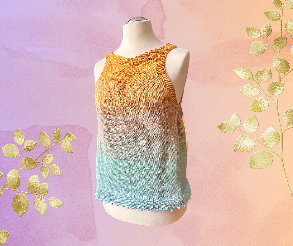 Ärmelloses gestricktes Top mit Ombré-Farbverlauf von Gelb-Orange zu Türkis-Blau auf Mannequin