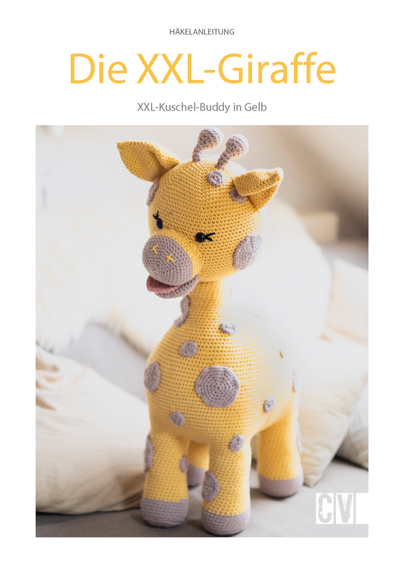 Große gehäkelte Giraffe in Gelb mit lila Flecken (Amigurumi)