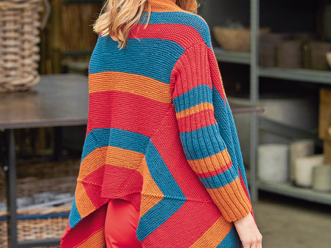 Dreifarbe Jacke mit Zipfeln in Rot, Terraccotta und Petrol