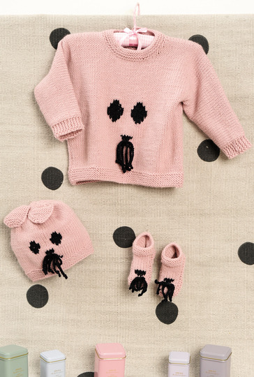 Farblich passender Pulli, Mütze und Babyschühchen mit Katzengesicht