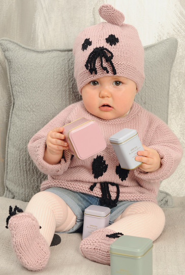 Farblich passender Pulli, Mütze und Babyschühchen mit Katzengesicht