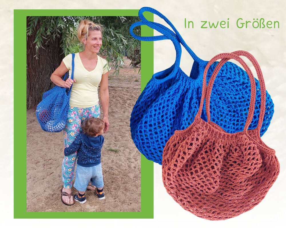 Einkaufsnetz häkeln in zwei Größen für Einkauf | Netztasche häkeln