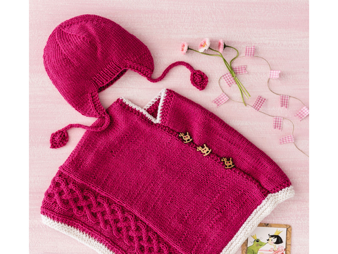 Baby-Poncho mit Mütze in Pink mit Zopfmuster Strickanleitung // PDF