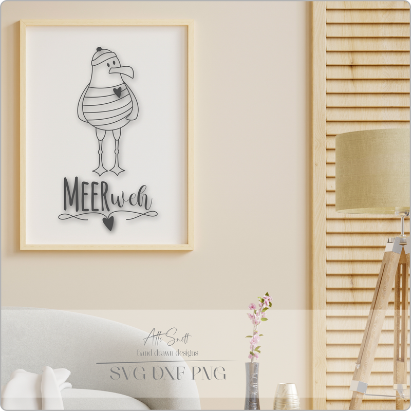 Gerahmtes Bild eines handgezeichnet wirkenden Möwenmotivs mit Streifen, Mütze und dem Schriftzug „MEERweh“.