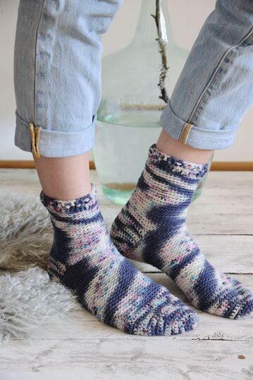 Häkelsocken "Amsterdam" Blau-meliert 4-Stufen-Prinzip Häkelanleitung // PDF