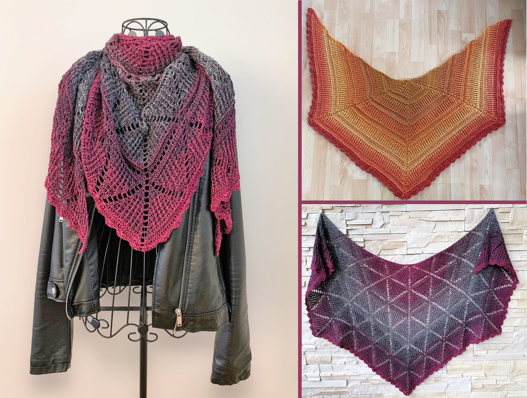 Three crocheted shawls: grey-to-magenta lace shawl over a black jacket, an orange-red gradient shawl flat, and another grey-to-magenta lace flat view.