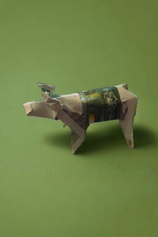 Filigraner Stier aus gefaltetem Geldschein auf grünem Hintergrund