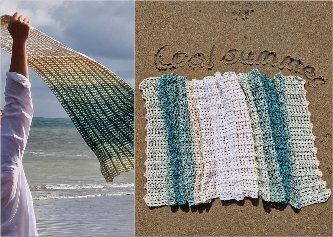Gehäkeltes Tuch mit Farbverlauf (Beige–Mint–Türkis), links in der Luft am Meer gehalten, rechts auf Sand ausgebreitet; ‚cool summer‘ in den Sand geschrieben.