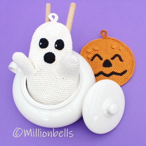 Ghost Oven Mitt Pumpkin Potholder Crochet Pattern Halloween Decor Kitchen - Image 2
