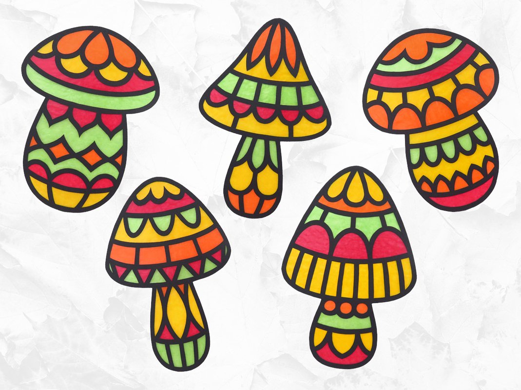 Fensterbilder – Bunte Pilze – Bastelanleitung und Vorlagen