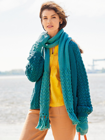 Smaragdgrüne Jacke mit Schal und fingerlose Handschuhe in Mintgrün