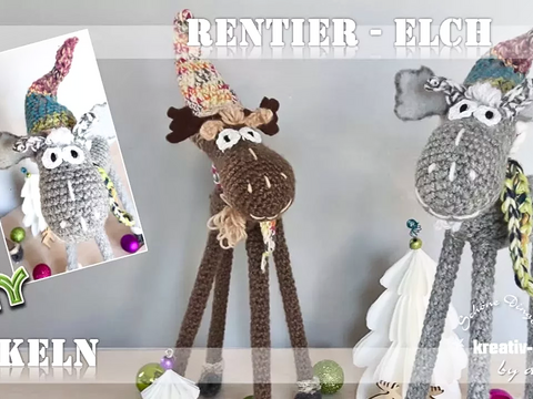 Lustiges Rentier, Elch mit langen Beinen und Wichtelmütze - Höhe ca. 35 cm