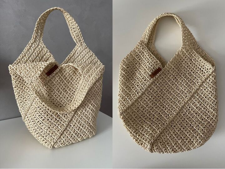 Crochet tote bag pattern, reusable grocery handbag, raffia carryall purse