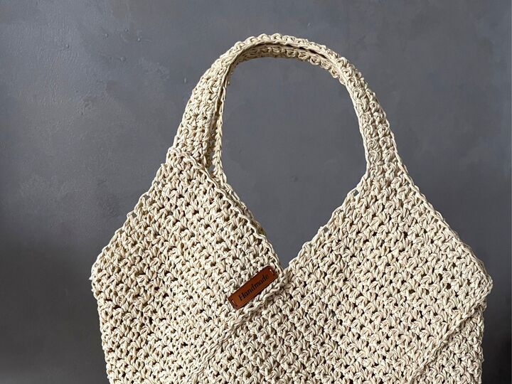 Crochet tote bag pattern, reusable grocery handbag, raffia carryall purse