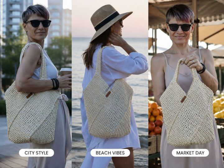 Crochet tote bag pattern, reusable grocery handbag, raffia carryall purse