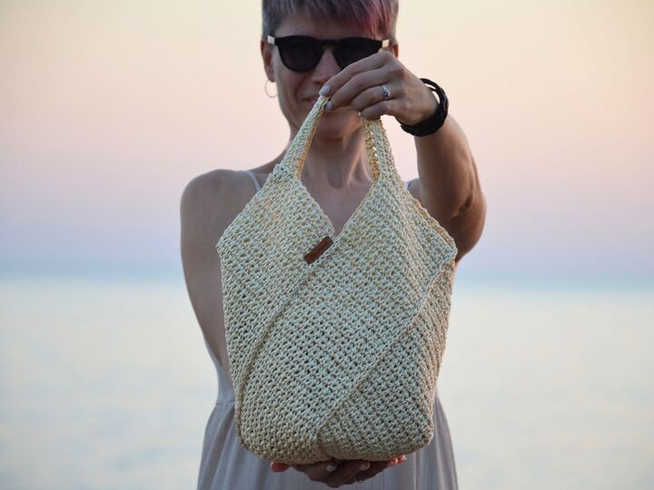 Crochet tote bag pattern, reusable grocery handbag, raffia carryall purse