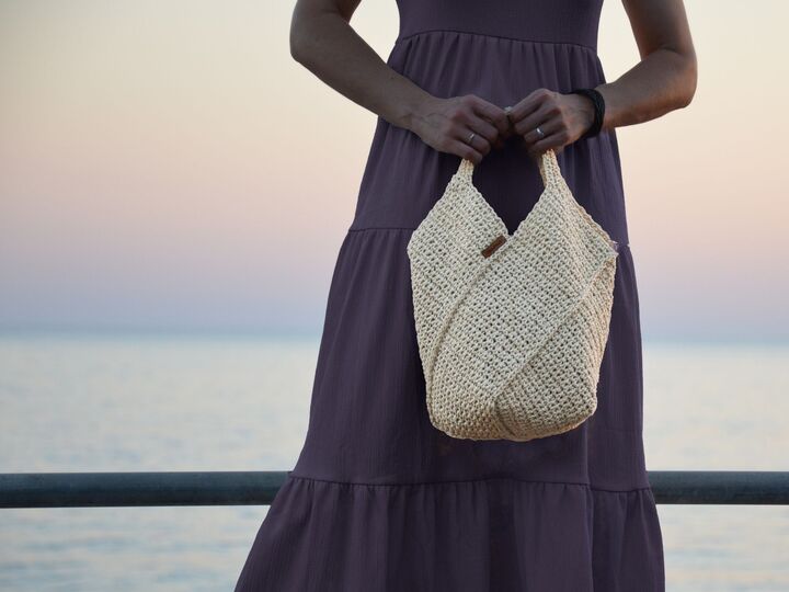 Crochet tote bag pattern, reusable grocery handbag, raffia carryall purse