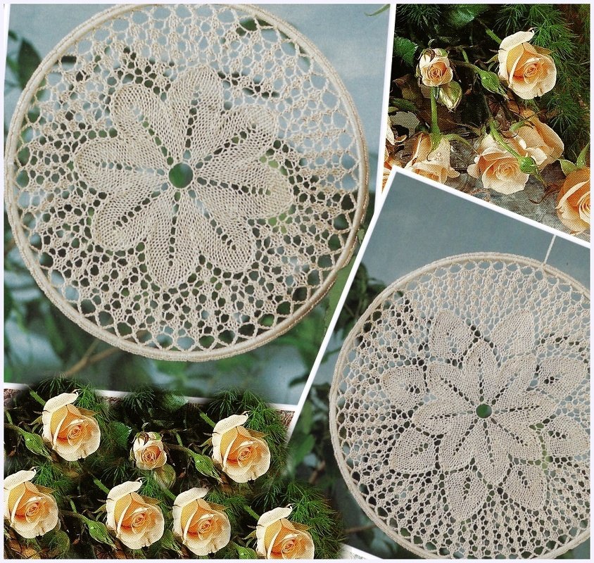 Zwei runde Holzringe mit feiner gestrickter Spitze vor grünem Hintergrund, daneben cremefarbene Rosen
