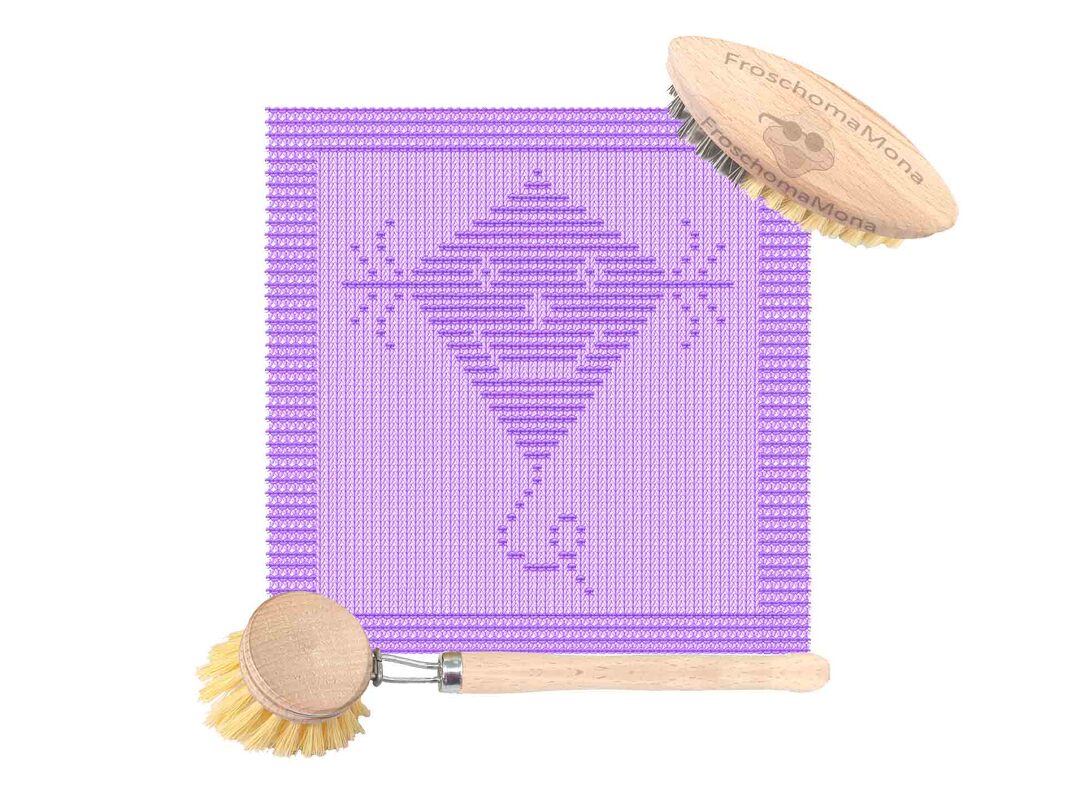 Hellviolettes gestricktes Spültuch mit dunkellila Rautenmuster, passend für Küche und Deko.