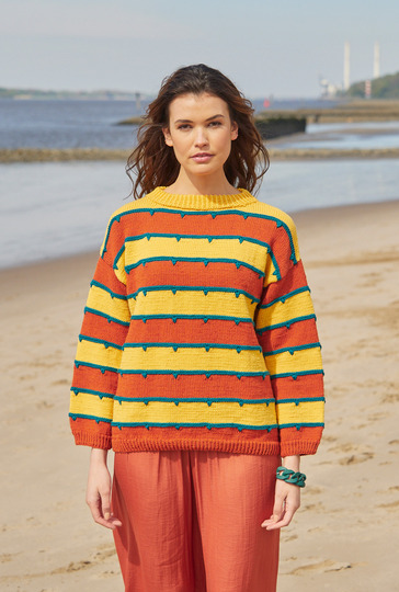 Streifenpulli in Gelb, Kupfer und Petrol