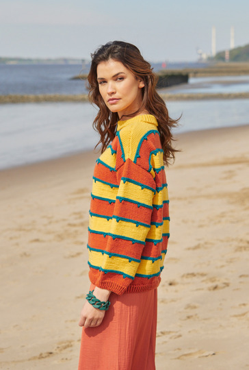 Streifenpulli in Gelb, Kupfer und Petrol