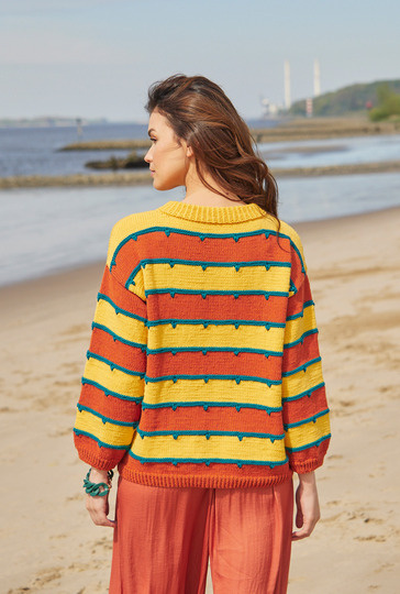 Streifenpulli in Gelb, Kupfer und Petrol