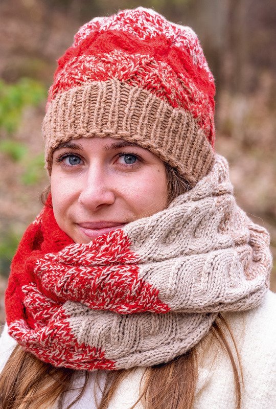 Strickset aus Loop und Mütze in Beige-Braun-Rot - Bild 4