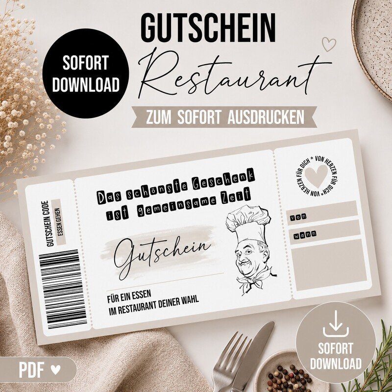 Gutschein zum Ausdrucken RESTAURANT digitale Datei DOWNLOAD Gutschein