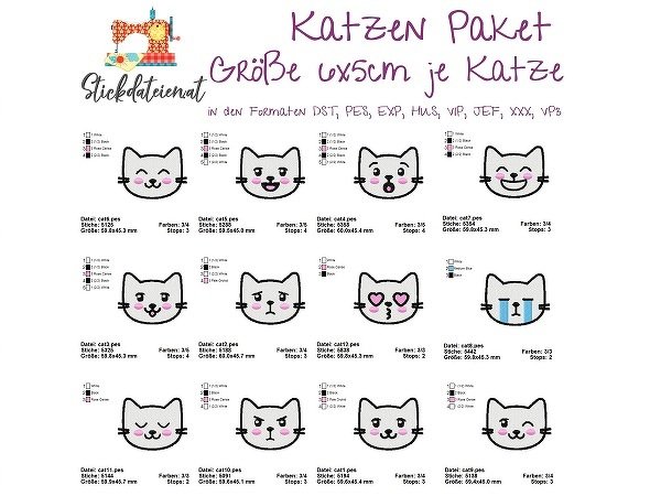 Katzen Stickdatei, Katzen Set Stickdateien, Maschinensticken