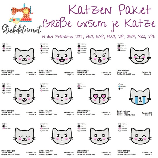Katzen Stickdatei, Katzen Set Stickdateien, Maschinensticken