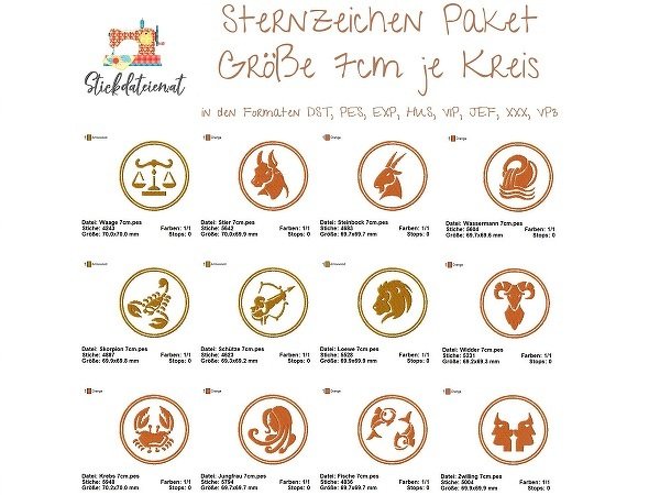 Stickdatei Sternzeichen, Tierkreiszeichen Stickdatei, Maschinenstick Paket