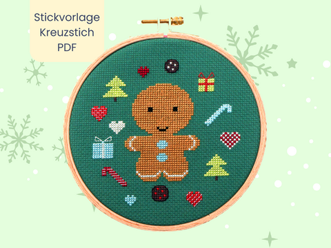Stickvorlage PDF "Kleiner Lebkuchenmann" Download Vorlage, Weihnachten